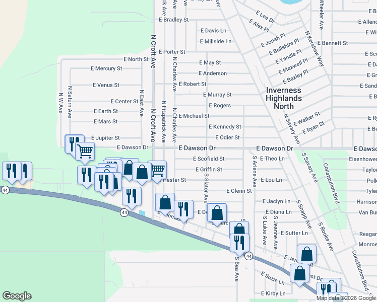 map of restaurants, bars, coffee shops, grocery stores, and more near 3084 East Dawson Drive in Inverness