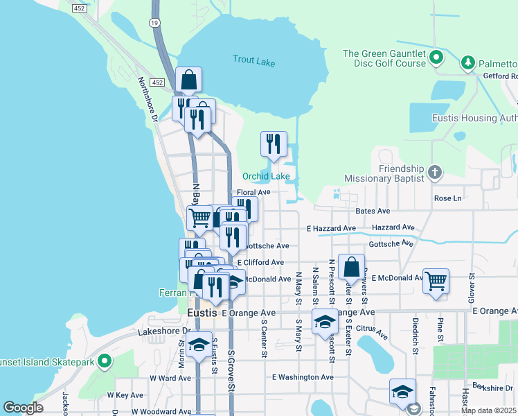 map of restaurants, bars, coffee shops, grocery stores, and more near 600 North Center Street in Eustis