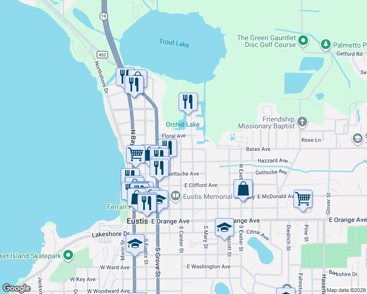 map of restaurants, bars, coffee shops, grocery stores, and more near 421 Bates Avenue in Eustis
