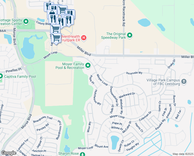 map of restaurants, bars, coffee shops, grocery stores, and more near 3089 Hutcheson Way in The Villages