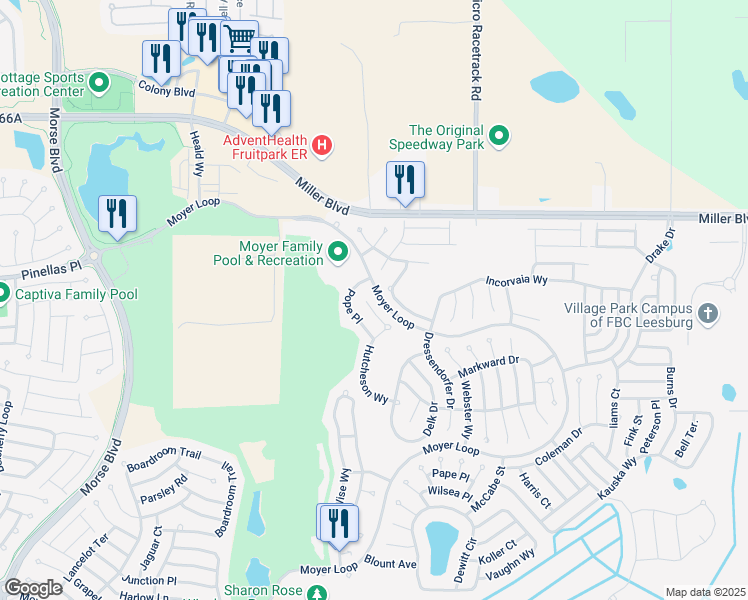 map of restaurants, bars, coffee shops, grocery stores, and more near 3089 Hutcheson Way in The Villages