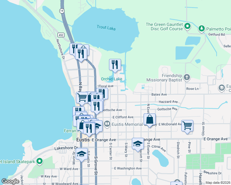map of restaurants, bars, coffee shops, grocery stores, and more near 421 Bates Avenue in Eustis