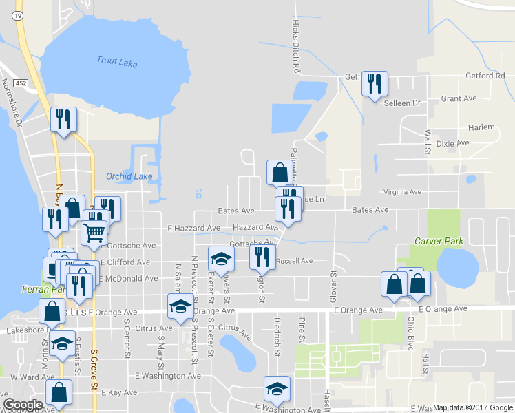map of restaurants, bars, coffee shops, grocery stores, and more near 1143 Bates Avenue in Eustis