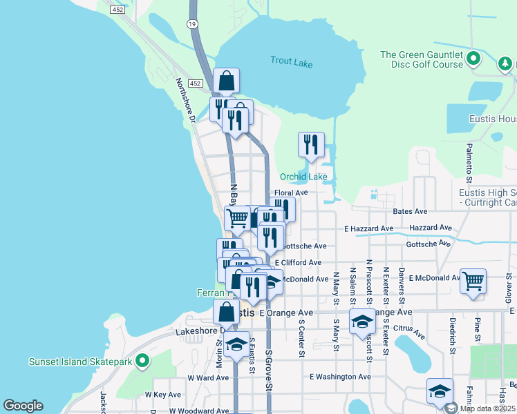 map of restaurants, bars, coffee shops, grocery stores, and more near 14 Bates Avenue in Eustis