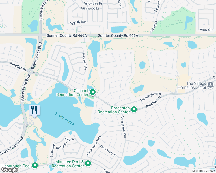 map of restaurants, bars, coffee shops, grocery stores, and more near 3088 Eastfield Path in The Villages