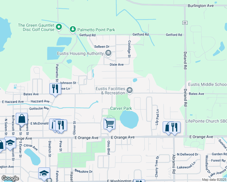 map of restaurants, bars, coffee shops, grocery stores, and more near 2119 Bates Avenue in Eustis