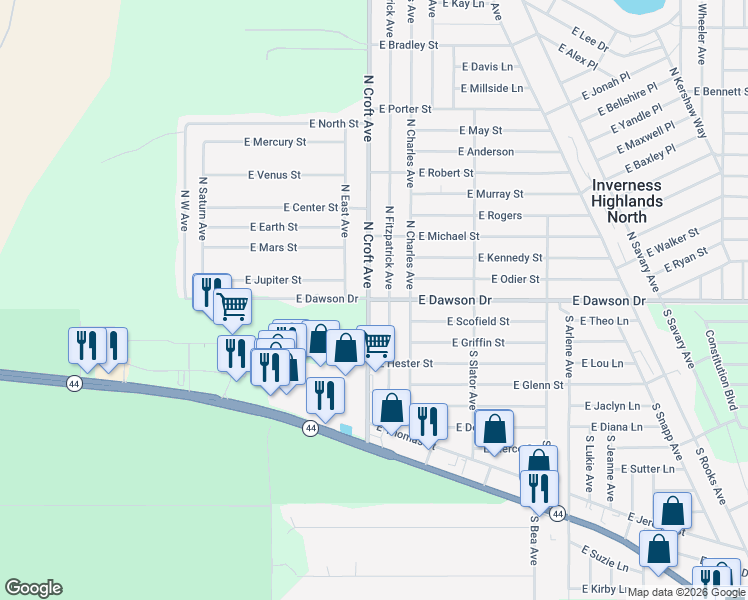 map of restaurants, bars, coffee shops, grocery stores, and more near 2926 East Dawson Drive in Inverness