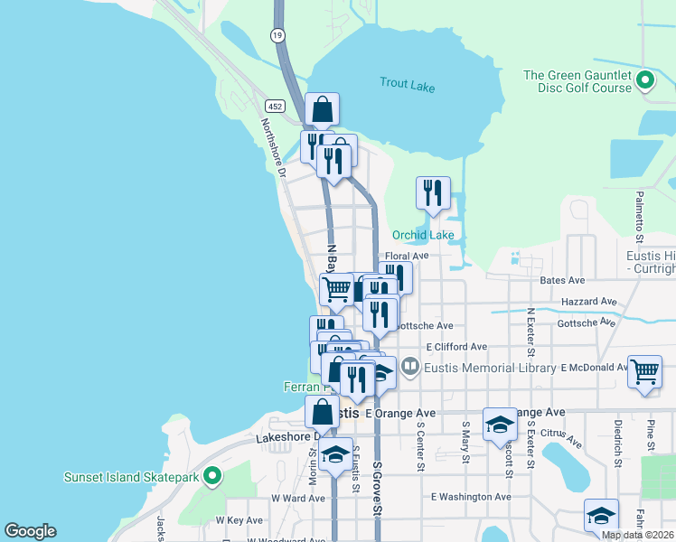 map of restaurants, bars, coffee shops, grocery stores, and more near 623 North Bay Street in Eustis