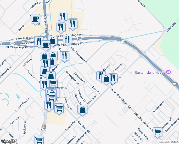 map of restaurants, bars, coffee shops, grocery stores, and more near 5301 John Stockbauer Drive in Victoria