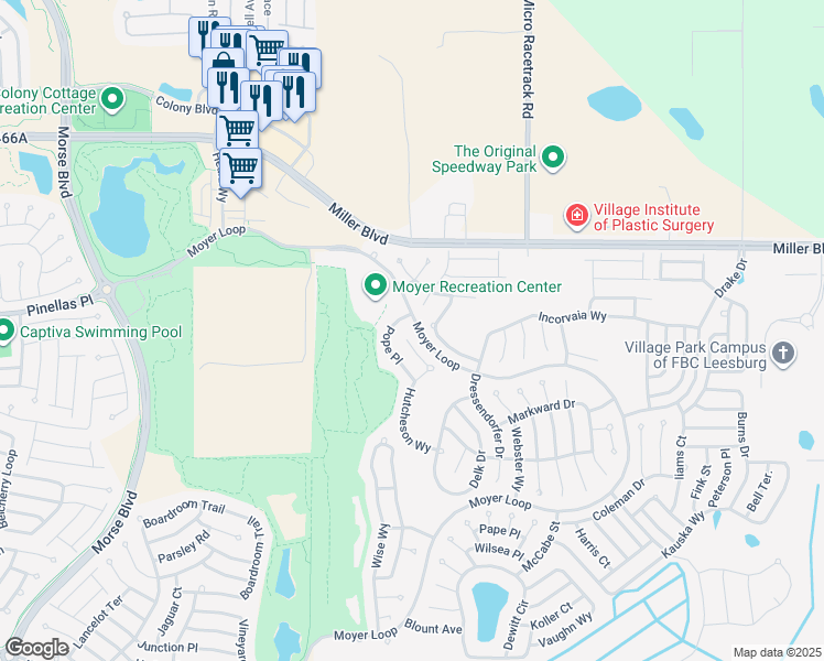 map of restaurants, bars, coffee shops, grocery stores, and more near 3089 Hutcheson Way in The Villages