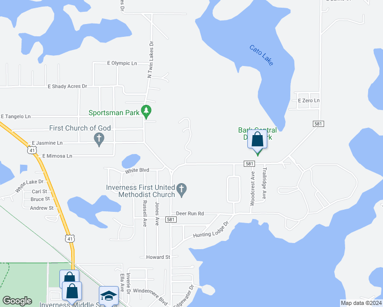 map of restaurants, bars, coffee shops, grocery stores, and more near 15 North Sheltering Oaks Drive in Inverness