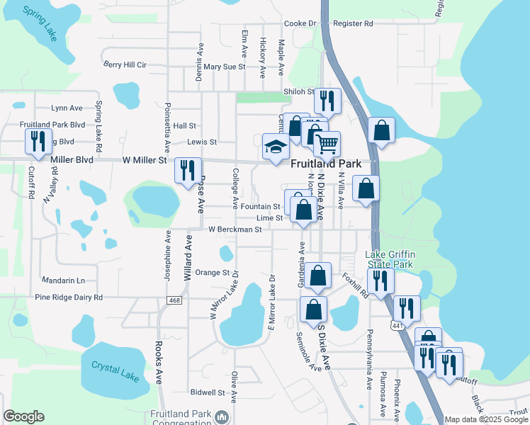 map of restaurants, bars, coffee shops, grocery stores, and more near 305 Fountain Street in Fruitland Park