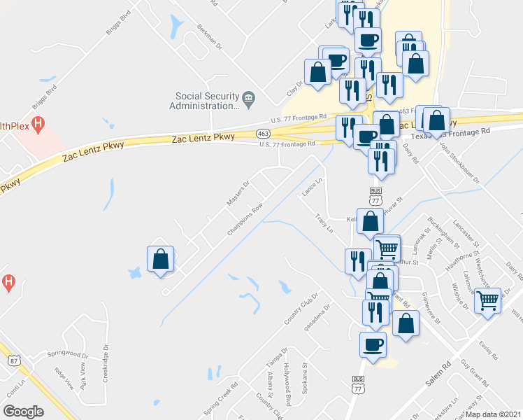 map of restaurants, bars, coffee shops, grocery stores, and more near 403 Champions Row in Victoria