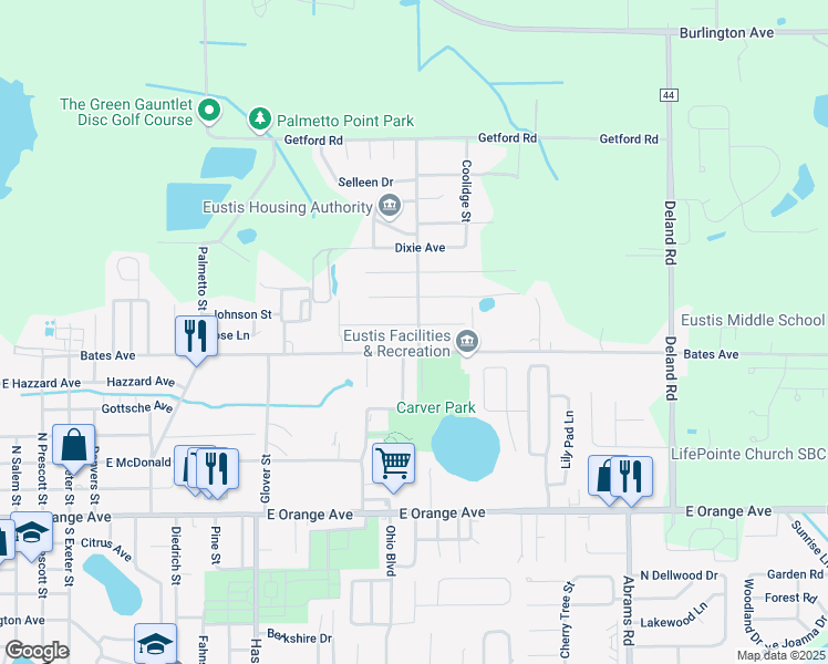 map of restaurants, bars, coffee shops, grocery stores, and more near 2119 Bates Avenue in Eustis