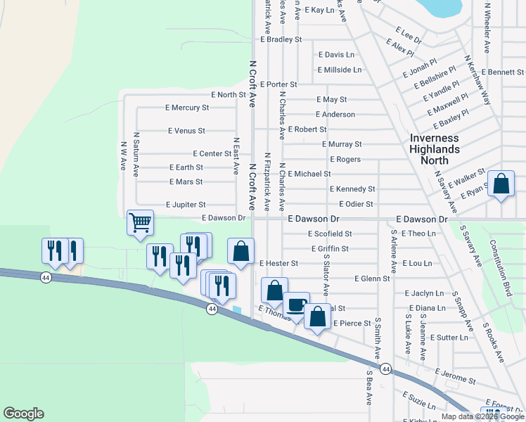 map of restaurants, bars, coffee shops, grocery stores, and more near 2926 East Dawson Drive in Inverness