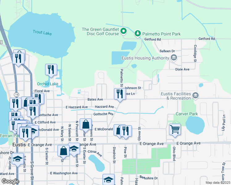 map of restaurants, bars, coffee shops, grocery stores, and more near 609 Gould Street in Eustis