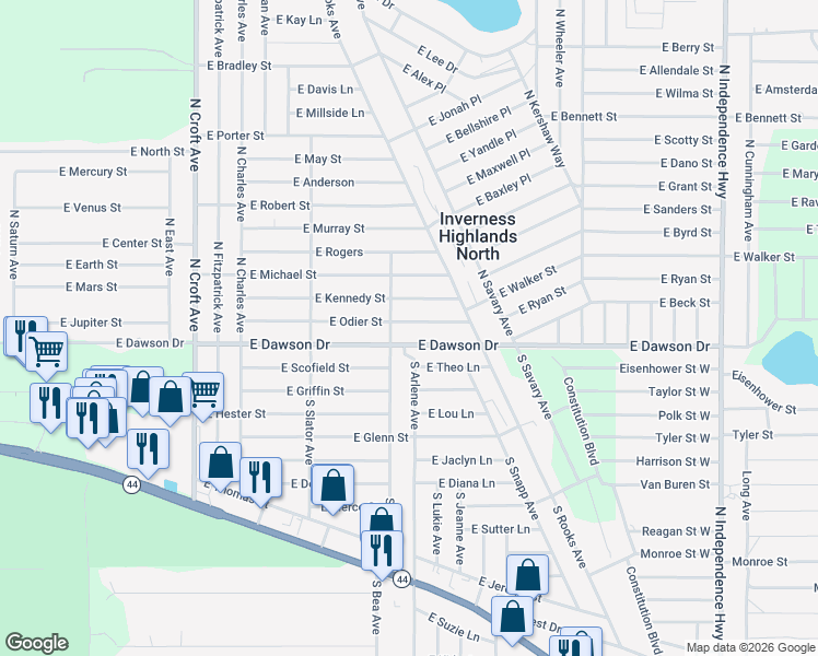 map of restaurants, bars, coffee shops, grocery stores, and more near 3456 East Dawson Drive in Inverness