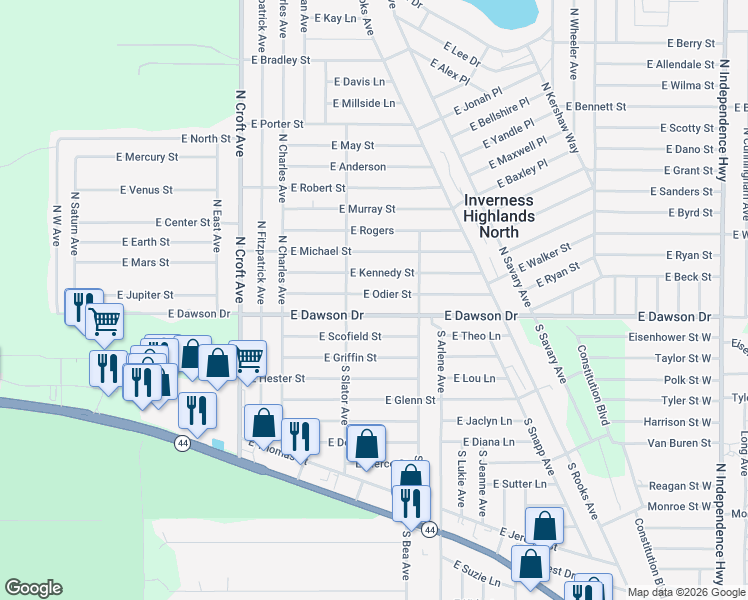 map of restaurants, bars, coffee shops, grocery stores, and more near 3244 East Odier Street in Inverness