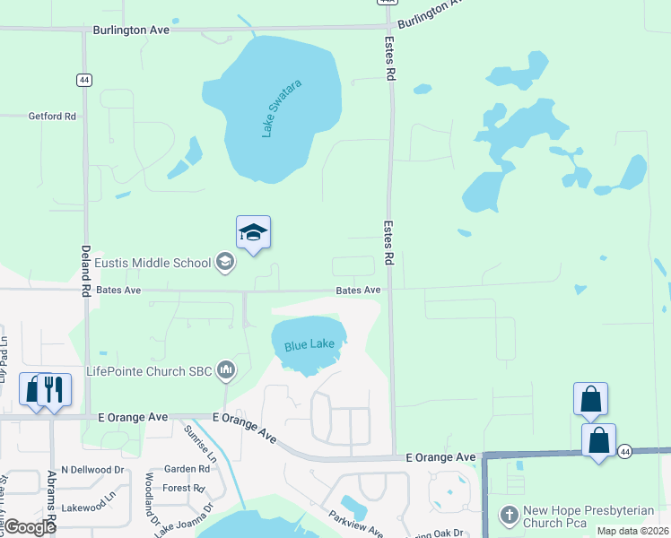 map of restaurants, bars, coffee shops, grocery stores, and more near 19049 Bates Avenue in Eustis