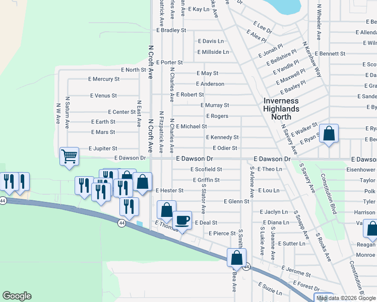 map of restaurants, bars, coffee shops, grocery stores, and more near 3084 East Dawson Drive in Inverness