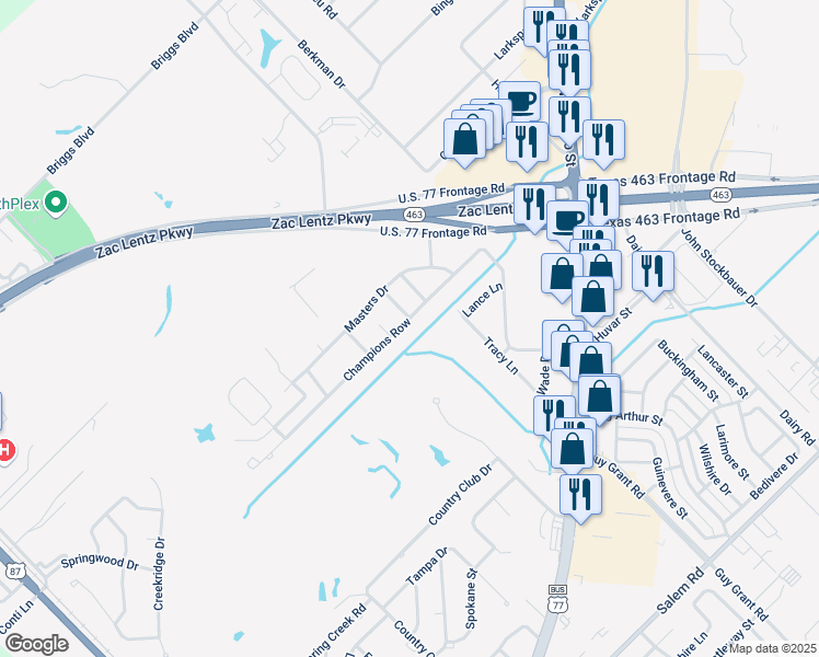 map of restaurants, bars, coffee shops, grocery stores, and more near 403 Champions Row in Victoria