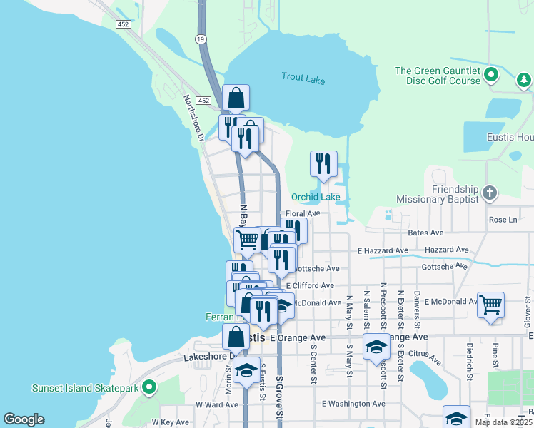 map of restaurants, bars, coffee shops, grocery stores, and more near 635 North Eustis Street in Eustis