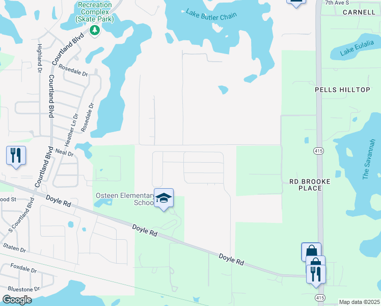map of restaurants, bars, coffee shops, grocery stores, and more near 296-398 Collins Road in Osteen