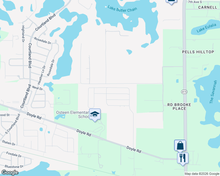 map of restaurants, bars, coffee shops, grocery stores, and more near 296-398 Collins Road in Osteen