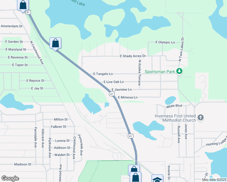 map of restaurants, bars, coffee shops, grocery stores, and more near 41 North Florida Avenue in Inverness