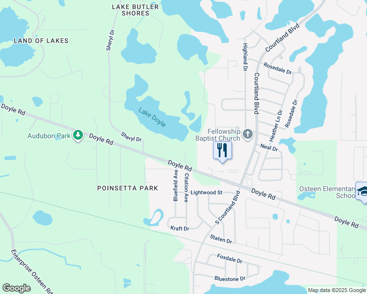 map of restaurants, bars, coffee shops, grocery stores, and more near 2700 Doyle Road in Deltona