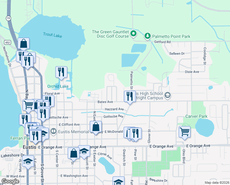 map of restaurants, bars, coffee shops, grocery stores, and more near 718 Kensington Street in Eustis