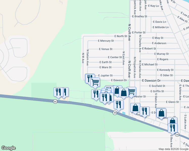 map of restaurants, bars, coffee shops, grocery stores, and more near 2543 East Jupiter Street in Inverness