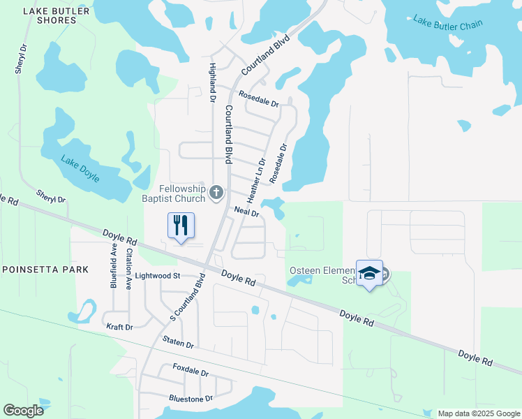map of restaurants, bars, coffee shops, grocery stores, and more near 119 Heather Lane Drive in Deltona