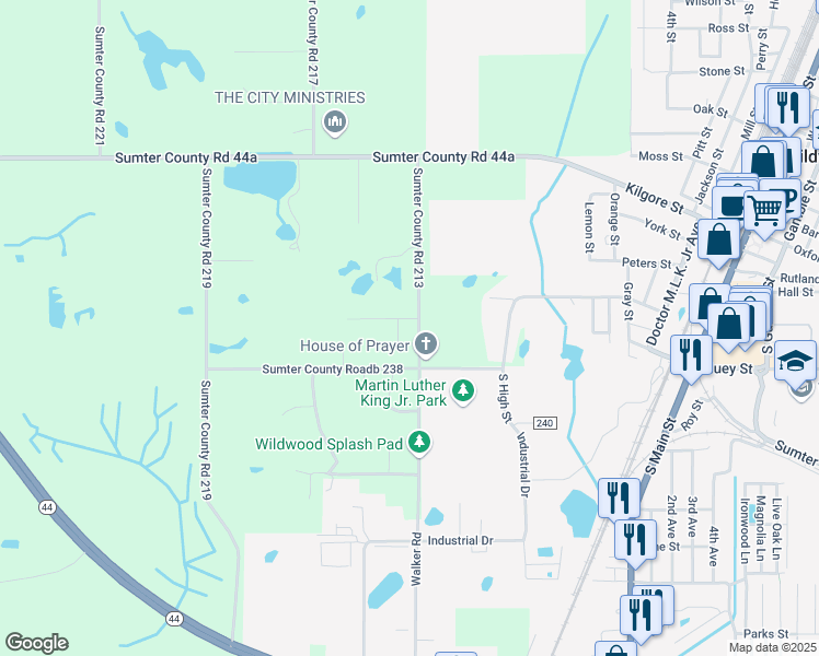 map of restaurants, bars, coffee shops, grocery stores, and more near 7146 County Road 213 in Wildwood