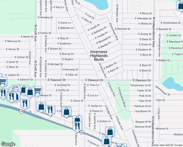 map of restaurants, bars, coffee shops, grocery stores, and more near 3493 East Odier Street in Inverness