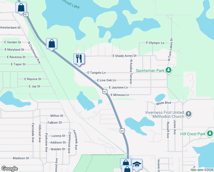 map of restaurants, bars, coffee shops, grocery stores, and more near 5201 East Jasmine Lane in Inverness