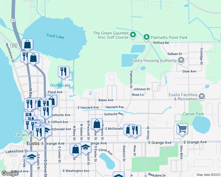 map of restaurants, bars, coffee shops, grocery stores, and more near 618 Reddick Street in Eustis