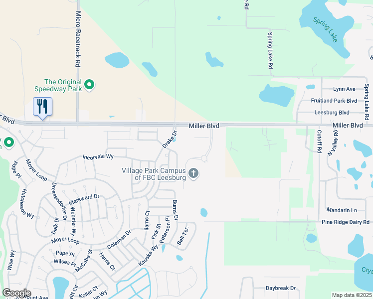 map of restaurants, bars, coffee shops, grocery stores, and more near 1036 Miller Boulevard in Fruitland Park