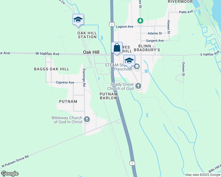 map of restaurants, bars, coffee shops, grocery stores, and more near 214 U.S. 1 in Oak Hill