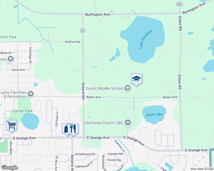map of restaurants, bars, coffee shops, grocery stores, and more near 18501 Bates Avenue in Eustis