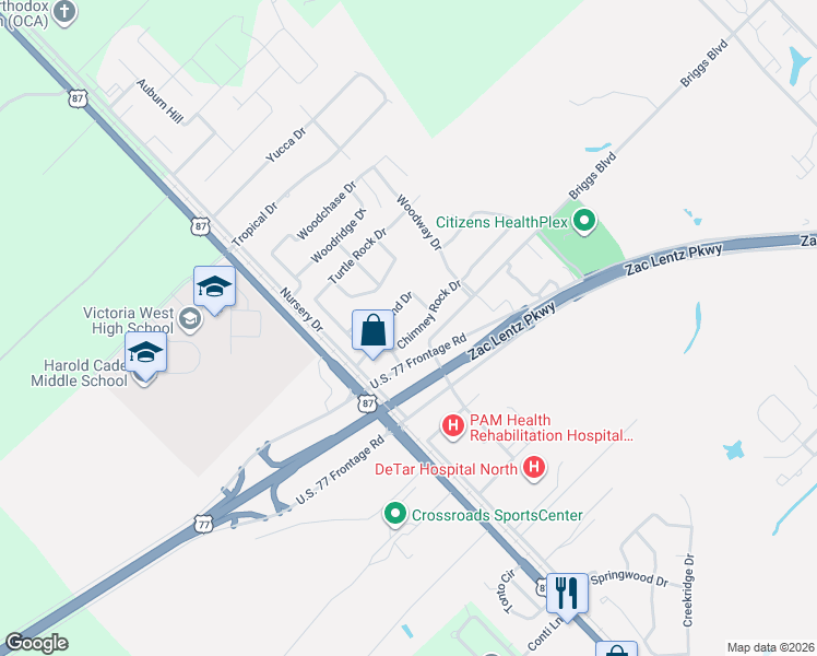 map of restaurants, bars, coffee shops, grocery stores, and more near 308 Chimney Rock Drive in Victoria