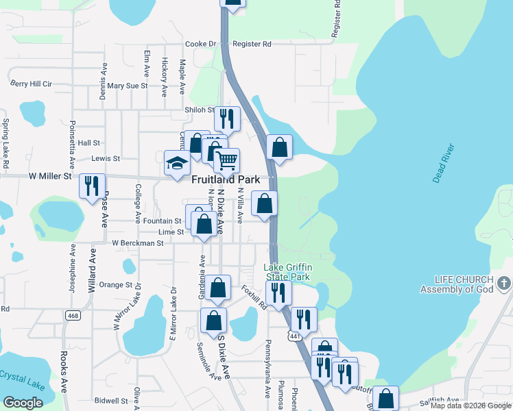 map of restaurants, bars, coffee shops, grocery stores, and more near 209 East Catawba Street in Fruitland Park