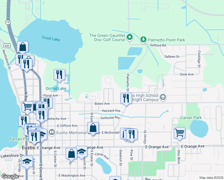 map of restaurants, bars, coffee shops, grocery stores, and more near 718 Kensington Street in Eustis