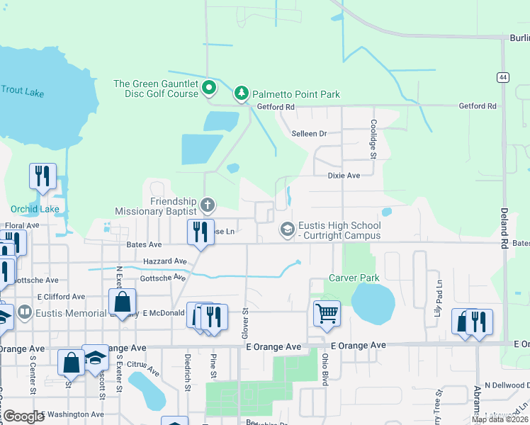 map of restaurants, bars, coffee shops, grocery stores, and more near 714 Getford Court in Eustis