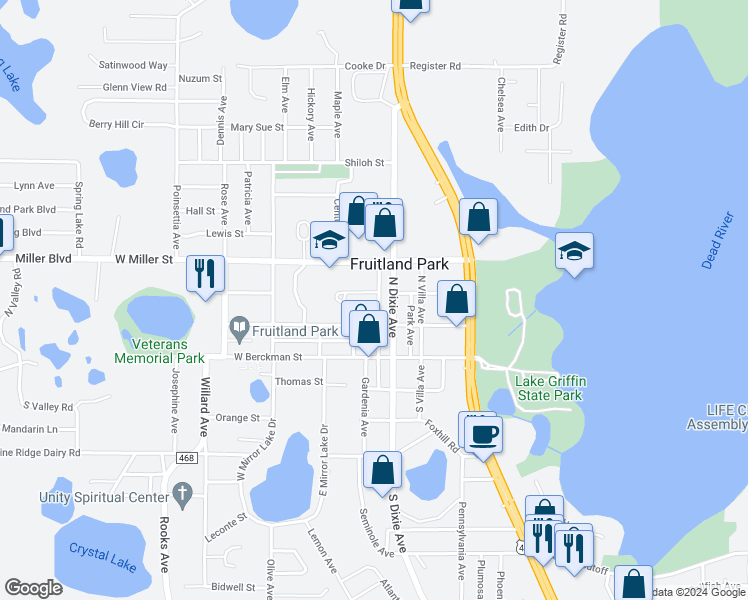 map of restaurants, bars, coffee shops, grocery stores, and more near 206 North Iona Avenue in Fruitland Park