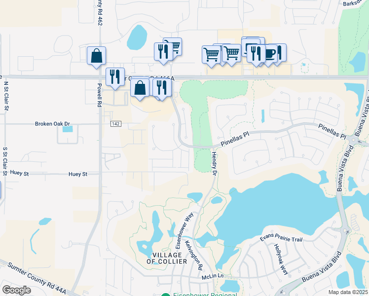 map of restaurants, bars, coffee shops, grocery stores, and more near 3002 Bartow Lane in The Villages