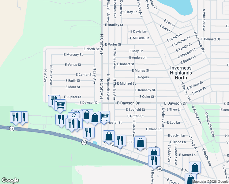 map of restaurants, bars, coffee shops, grocery stores, and more near 50 North Charles Avenue in Inverness