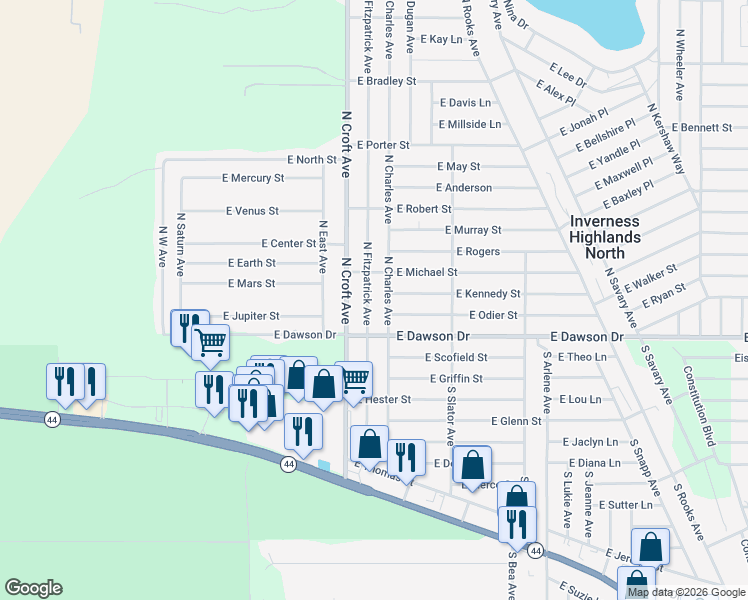 map of restaurants, bars, coffee shops, grocery stores, and more near 50 North Charles Avenue in Inverness