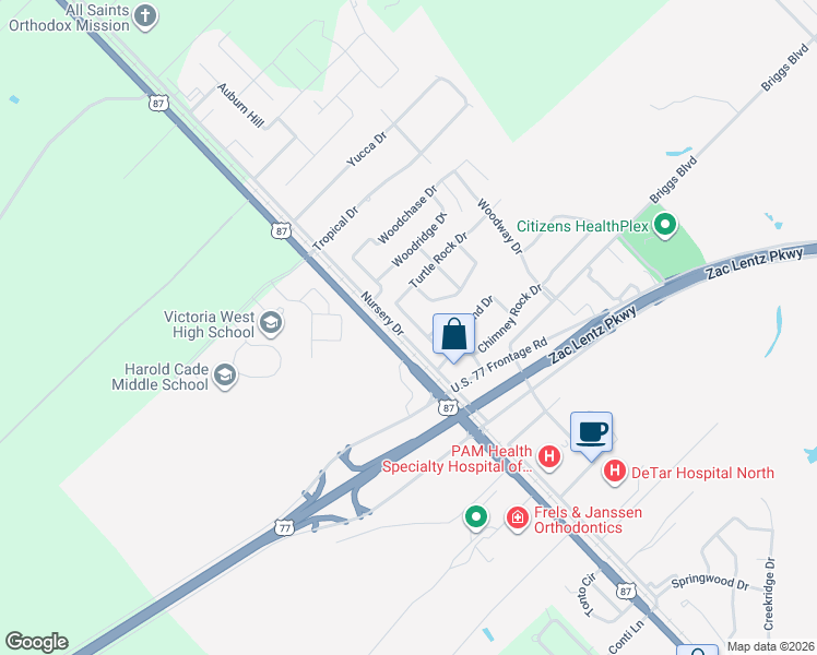 map of restaurants, bars, coffee shops, grocery stores, and more near 605 Chimney Rock Drive in Victoria