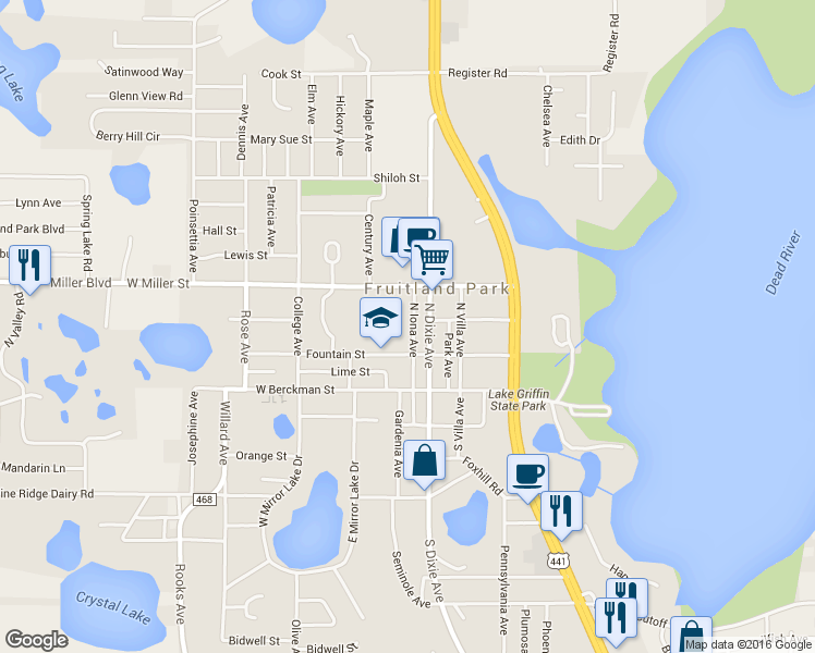 map of restaurants, bars, coffee shops, grocery stores, and more near 206 North Iona Avenue in Fruitland Park